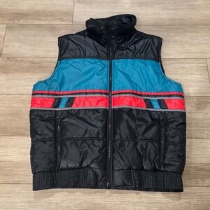 Vintage Alpine Ski Puffer Vest Black Teal Red Colorblock P3903A Mens XL Vintage